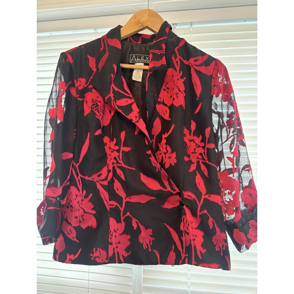 Alex Evenings Women's Med Blouse/Jacket  Black & Red Sheer Sleeves Party